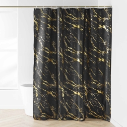 RIDEAU DE DOUCHE+CROCHETS 180 x 200 CM POLYESTER IMP. METAL. AQUAMARBRE NOIR/OR