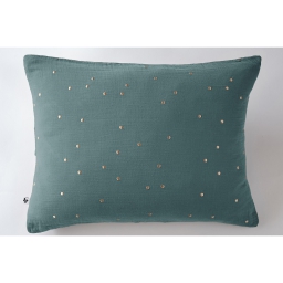 Taie d'oreiller gaze de coton brodée fil or 50 x 70 cm Gaia Chic Bleu canard