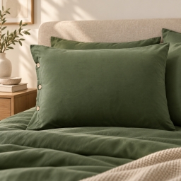 Taie d&rsquo;oreiller volant plat 50 x 70 cm 100% coton Percale unie PERRINE Romarin