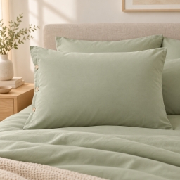 Taie d&rsquo;oreiller volant plat 50 x 70 cm 100% coton Percale unie PERRINE Sauge