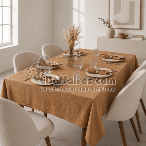 Nappe rectangle 150 x 250 cm + 6 serviettes de table &ndash; Double gaze de coton GA&Iuml;A Camel
