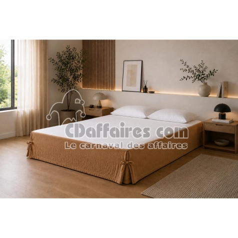 Cache-sommier 140 x 190 cm Double Gaze de Coton GA&Iuml;A Camel &ndash; Qualit&eacute; Haut de Gamme