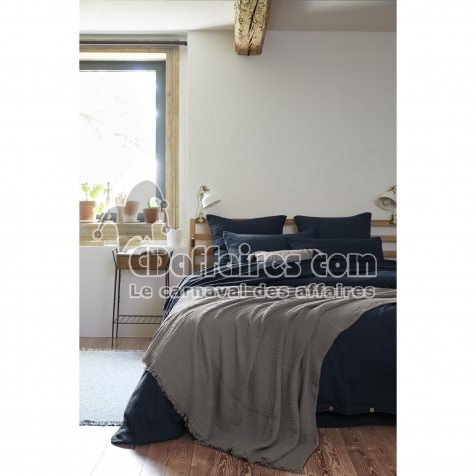 Plaid &agrave; franges 180 x 220 cm &ndash; Double gaze de coton GA&Iuml;A Granit