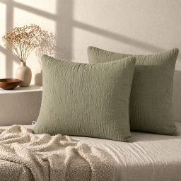 Lot de 2 Taies d&rsquo;Oreiller 60 x 60 cm &ndash; Gaze de Coton Brod&eacute;e &ndash; GA&Iuml;A BOHO Romarin