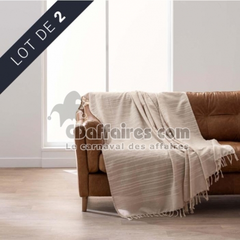 Lot de 2 plaids LILIA 180 x 220 cm &ndash; 100 % coton &ndash; Plaid &agrave; franges Beige