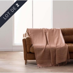 Lot de 2 plaids LILIA 180 x 220 cm &ndash; 100 % coton &ndash; Plaid &agrave; franges mocha