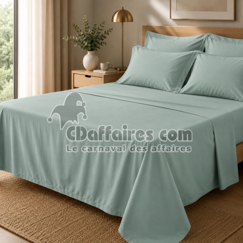 Drap Plat Percale 240 x 300 cm &ndash; Pur Coton Peign&eacute; Longues Fibres 80 Fils/cm&sup2; - C&eacute;ladon