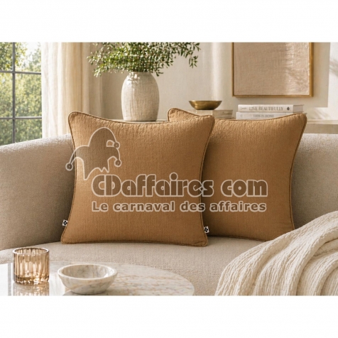 Lot de 2 coussins 45 x 45 cm gaze de coton Camel &ndash; D&eacute;houssables zip &ndash; Passepoil