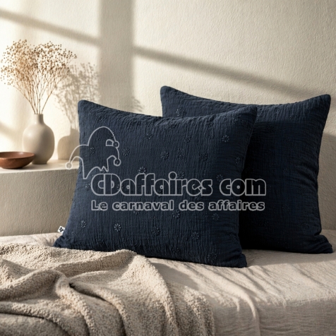 Lot de 2 Taies d&rsquo;Oreiller 60 x 60 cm &ndash; Gaze de Coton Brod&eacute;e &ndash; GA&Iuml;A BOHO Marine