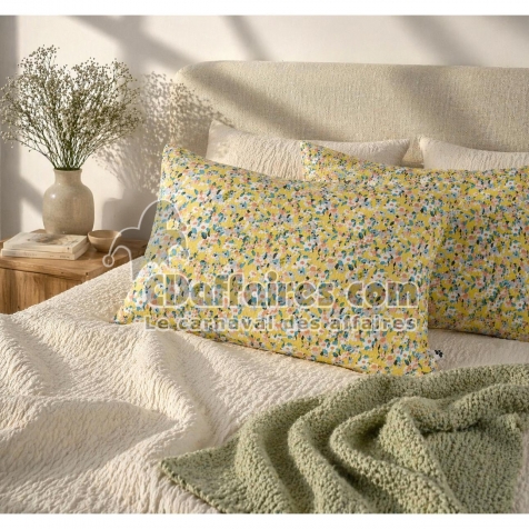 Taie d&rsquo;Oreiller 50 x 70 cm &ndash; Gaze de Coton Imprim&eacute;e &ndash; MANON Jaune Multicolore