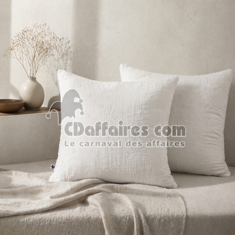 Lot de 2 Taies d&rsquo;Oreiller 60 x 60 cm &ndash; Gaze de Coton Brod&eacute;e &ndash; GA&Iuml;A BOHO Blanc