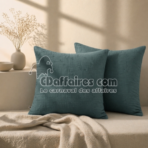 Lot de 2 Taies d&rsquo;Oreiller 60 x 60 cm &ndash; Gaze de Coton Brod&eacute;e &ndash; GA&Iuml;A BOHO Bleu canard