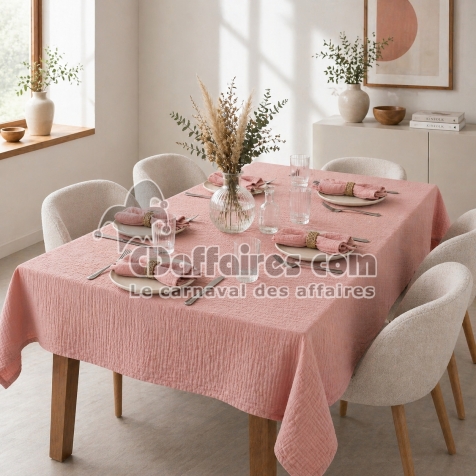 Nappe rectangle 150 x 250 cm + 6 serviettes de table &ndash; Double gaze de coton GA&Iuml;A Rose p&ecirc;che