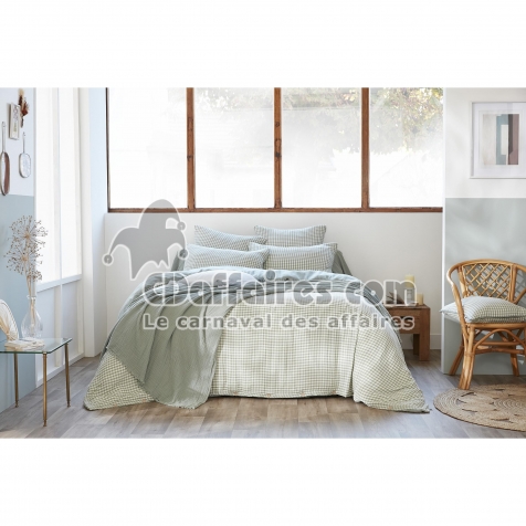 Housse de couette r&eacute;versible 200 x 200 cm &ndash; Gaze de coton tiss&eacute;e teint&eacute;e &ndash; VICKIE Eucalyptus