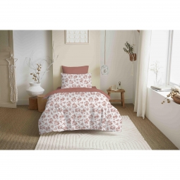 Pack complet housse de couette r&eacute;versible 140 x 200 cm &ndash; Drap housse 90 x 190 cm &ndash; 100% coton &ndash; LOUISON Abricot