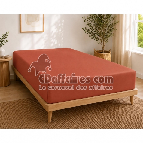 Drap-housse 140 x 190 cm Percale de Coton Peign&eacute; Terracotta &ndash; 80 fils/cm&sup2; &ndash; Bonnet 35 cm