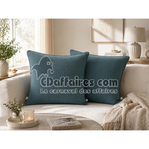 Lot de 2 coussins 45 x 45 cm gaze de coton Bleu canard &ndash; D&eacute;houssables zip &ndash; Passepoil
