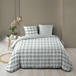 Housse de couette r&eacute;versible 260 x 240 cm imprim&eacute;e 57 fils &ndash; VICTOIRE Sauge &ndash; 2 taies incluses