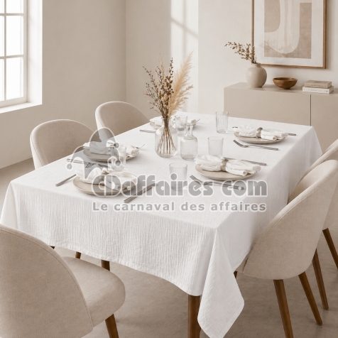 Nappe rectangle 150 x 250 cm + 6 serviettes de table &ndash; Double gaze de coton GA&Iuml;A Blanc