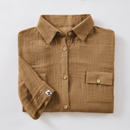 Tunique chemise femme double gaze de coton GA&Iuml;A &ndash; 100% coton &ndash; boutons coco &ndash; taille L/XL - Camel