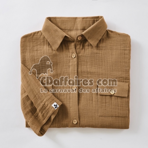 Tunique chemise femme double gaze de coton GA&Iuml;A &ndash; 100% coton &ndash; boutons coco &ndash; taille L/XL - Camel