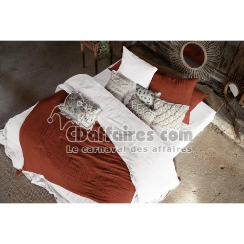 pack housse de couette 240 x 220 cm blanc + bout de lit 90 x 200 cm terracotta &ndash; Double gaze de coton
