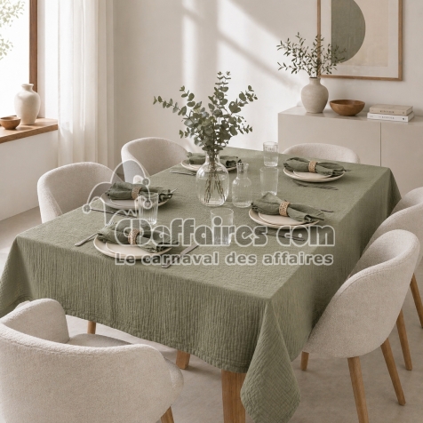 Nappe rectangle 150 x 250 cm + 6 serviettes de table &ndash; Double gaze de coton GA&Iuml;A Romarin