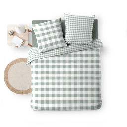 Parure de lit 3 pi&egrave;ces 240 x 220 cm VICTORINE &ndash; Vichy sauge &ndash; Coton 57 fils r&eacute;versible