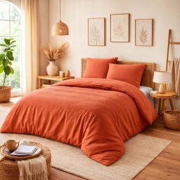 Parure de couette NIDRA 240 x 220 cm &ndash; Coton nid d&rsquo;abeille &ndash; Terracotta &ndash; 2 taies 65 x 65 cm