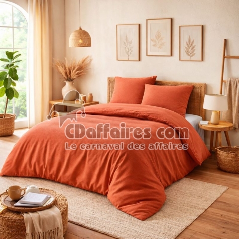 Parure de couette NIDRA 240 x 220 cm &ndash; Coton nid d&rsquo;abeille &ndash; Terracotta &ndash; 2 taies 65 x 65 cm