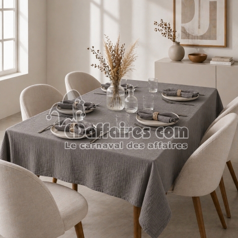 Nappe rectangle 150 x 250 cm + 6 serviettes de table &ndash; Double gaze de coton GA&Iuml;A Granit