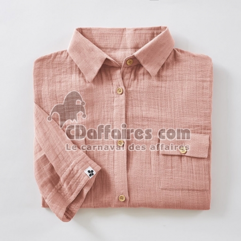 Tunique chemise femme double gaze de coton GA&Iuml;A &ndash; 100% coton &ndash; boutons coco &ndash; taille S/M - Rose p&ecirc;che