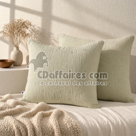 Lot de 2 Taies d&rsquo;Oreiller 60 x 60 cm &ndash; Gaze de Coton Brod&eacute;e &ndash; GA&Iuml;A BOHO Vert d'eau
