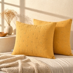 Lot de 2 Taies d&rsquo;Oreiller 60 x 60 cm &ndash; Gaze de Coton Brod&eacute;e &ndash; GA&Iuml;A BOHO Safran