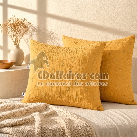 Lot de 2 Taies d&rsquo;Oreiller 60 x 60 cm &ndash; Gaze de Coton Brod&eacute;e &ndash; GA&Iuml;A BOHO Safran