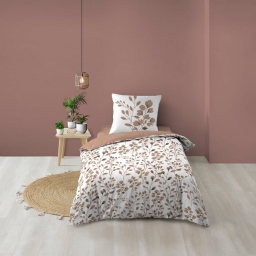 Housse de couette 140 x 200 cm coton 57 fils MAIWEN Mocha + 1 taie &ndash; Motif v&eacute;g&eacute;tal