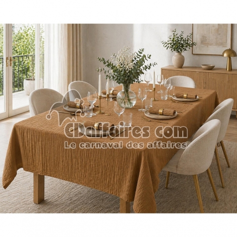 Nappe rectangle 150 x 350 cm + 6 serviettes de table &ndash; Double gaze de coton GA&Iuml;A Camel
