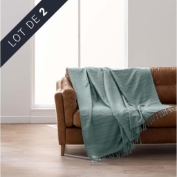 Lot de 2 plaids LILIA 180 x 220 cm &ndash; 100 % coton &ndash; Plaid &agrave; franges sauge