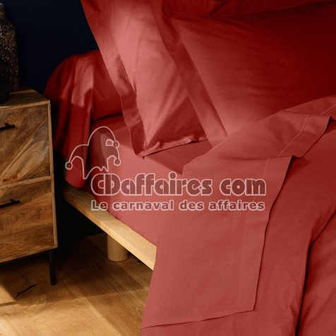 Drap plat 2 personnes 240 x 300 cm coton 57 fils Lina Terracotta &ndash; Finition point bourdon