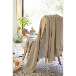Plaid &agrave; franges 130 x 160 cm &ndash; Double Gaze de Coton &ndash; GA&Iuml;A Ficelle