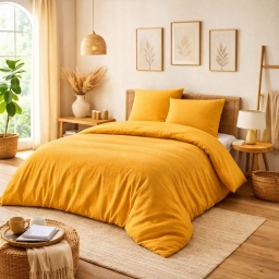 Parure de couette NIDRA 240 x 220 cm &ndash; Coton nid d&rsquo;abeille &ndash; Curry &ndash; 2 taies 65 x 65 cm