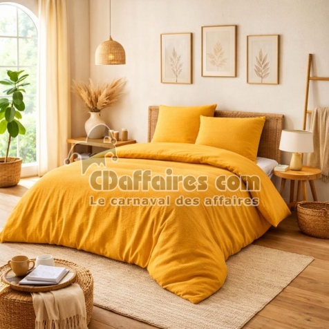 Parure de couette NIDRA 240 x 220 cm &ndash; Coton nid d&rsquo;abeille &ndash; Curry &ndash; 2 taies 65 x 65 cm