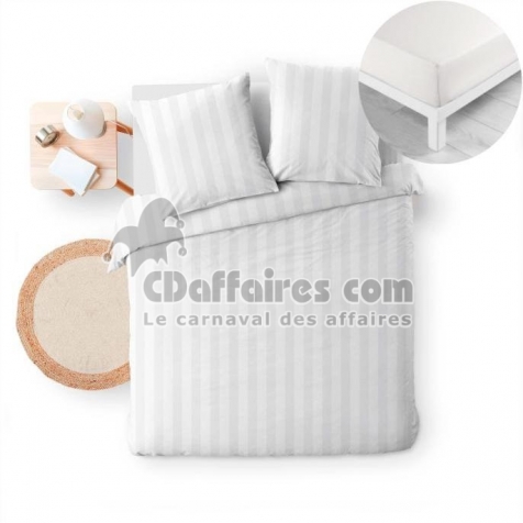 Housse de Couette 240 x 220 Blanc + 2 Taies &ndash; Microfibre CL&Eacute;O + Drap-Housse 140x190 Coton
