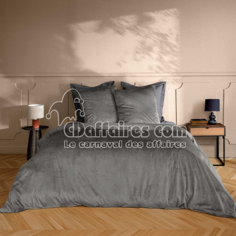 Housse de Couette 240 x 220 cm &ndash; Velours Uni &ndash; Velina Anthracite + 2 Taies
