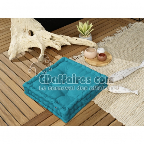 Coussin de sol capitonn&eacute; 50 x 50 x 10 cm &ndash; Coton D&eacute;perlant Anti-UV - Bleu paon