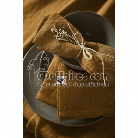 Lot de 3 Serviettes 40 x 40 cm &ndash; Lin Lav&eacute; Fran&ccedil;ais &ndash; Soline Caramel