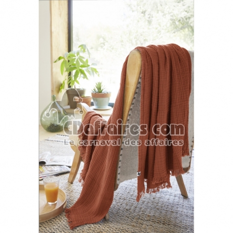 Plaid &agrave; franges 130 x 160 cm &ndash; Double Gaze de Coton &ndash; GA&Iuml;A Terracotta