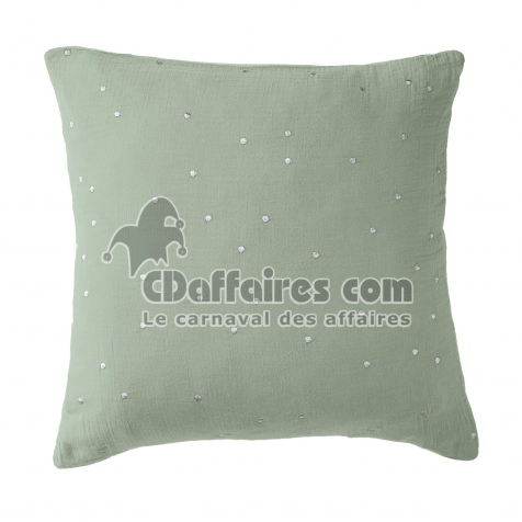 Taie d&rsquo;Oreiller 60 x 60 cm &ndash; Gaze de Coton Brod&eacute;e Fil Or &ndash; Ga&iuml;a Chic Eucalyptus
