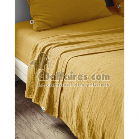 Drap Plat 240 x 300 cm &ndash; Double Gaze de Coton Luxe &ndash; Ga&iuml;a Safran