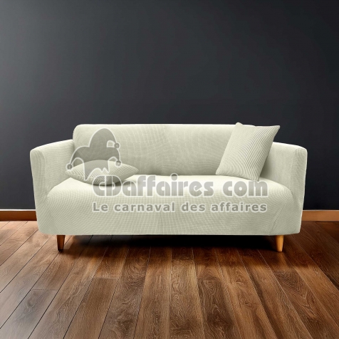 Housse de canap&eacute; extensible 225 x 245 x 60 cm &ndash; Polyester gaufr&eacute; uni &ndash; Mod&egrave;le SACHA Blanc